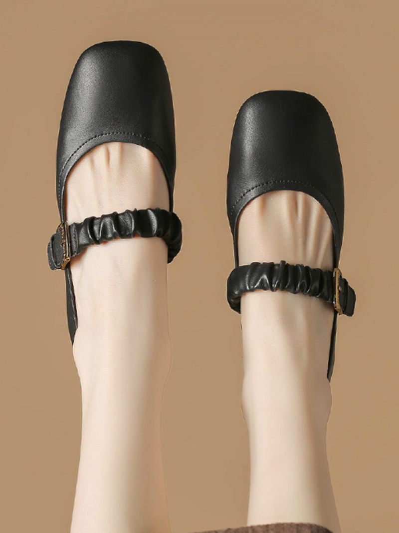 Chaussures Mariage Pour Femmes Demoiselle D'honneur Cuir Pu Bout Carré Détails Métal - Noir