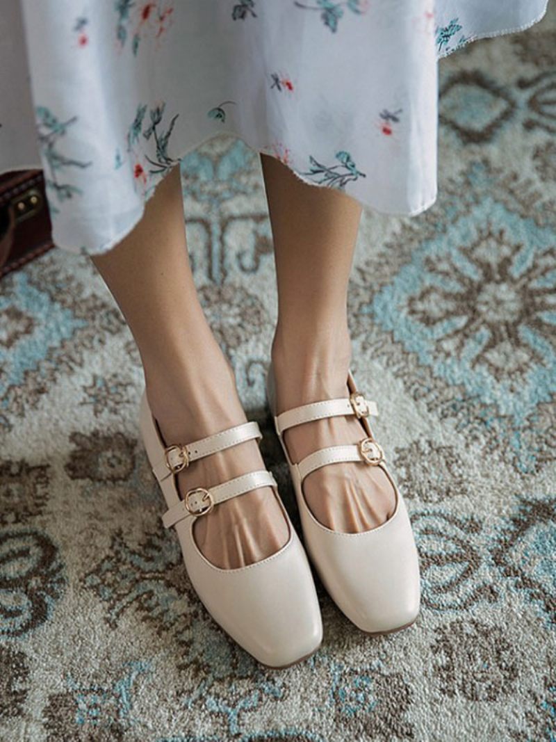 Femmes Mi-bas Talons Bout Carré Chiot Talon Noir Élégant Pompes Chaussures Vintage - Blanc