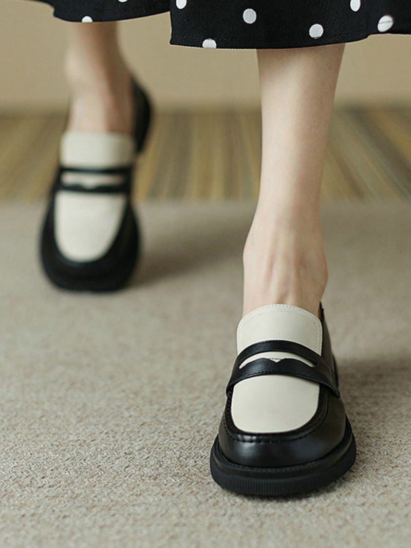 Penny Loafers Chaussures Plates À Bout Rond Pour Femmes - Noir
