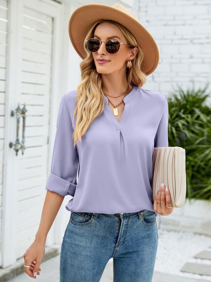 T-shirts À Manches Longues T-shirt Blanc Mousseline Soie Col V Pour Femme - Violet