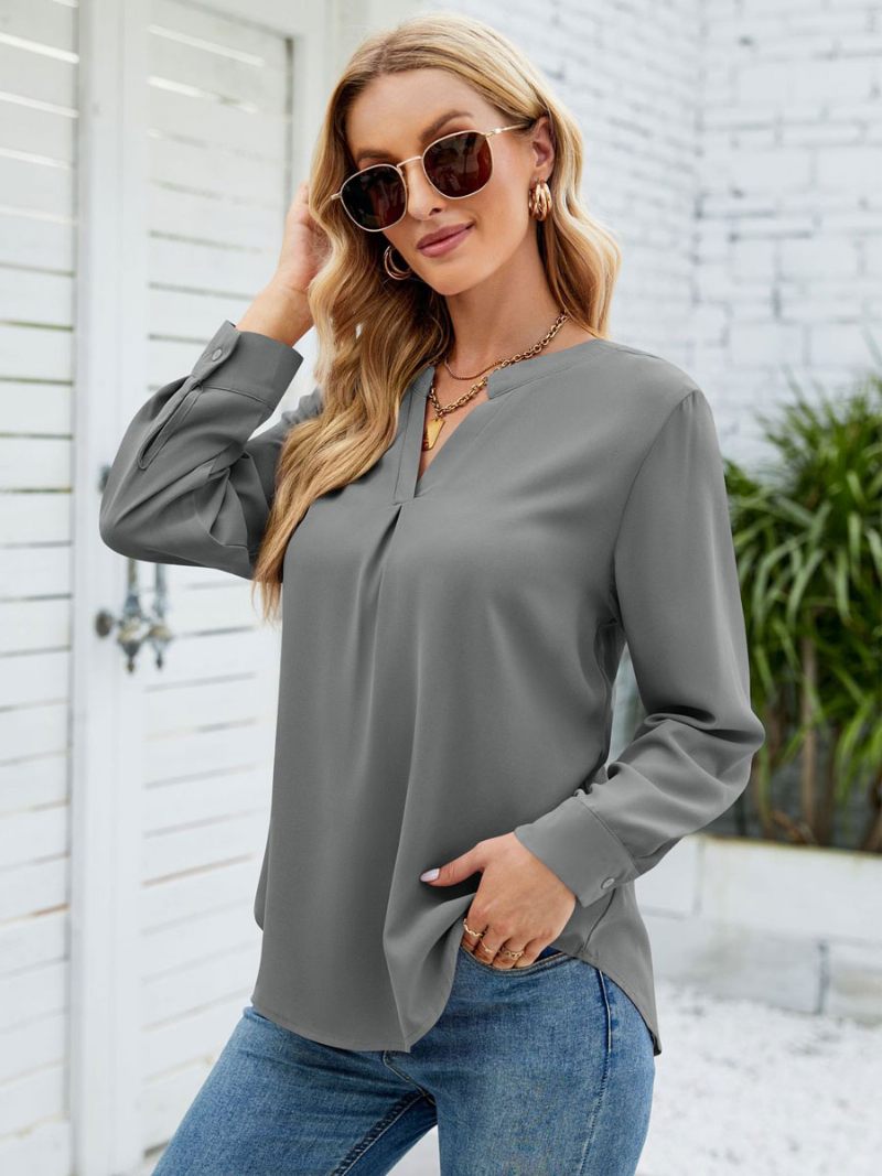 T-shirts À Manches Longues T-shirt Blanc Mousseline Soie Col V Pour Femme - Gris
