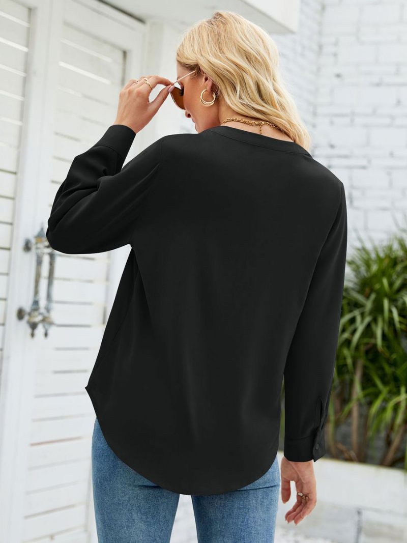 T-shirts À Manches Longues T-shirt Blanc Mousseline Soie Col V Pour Femme - Noir