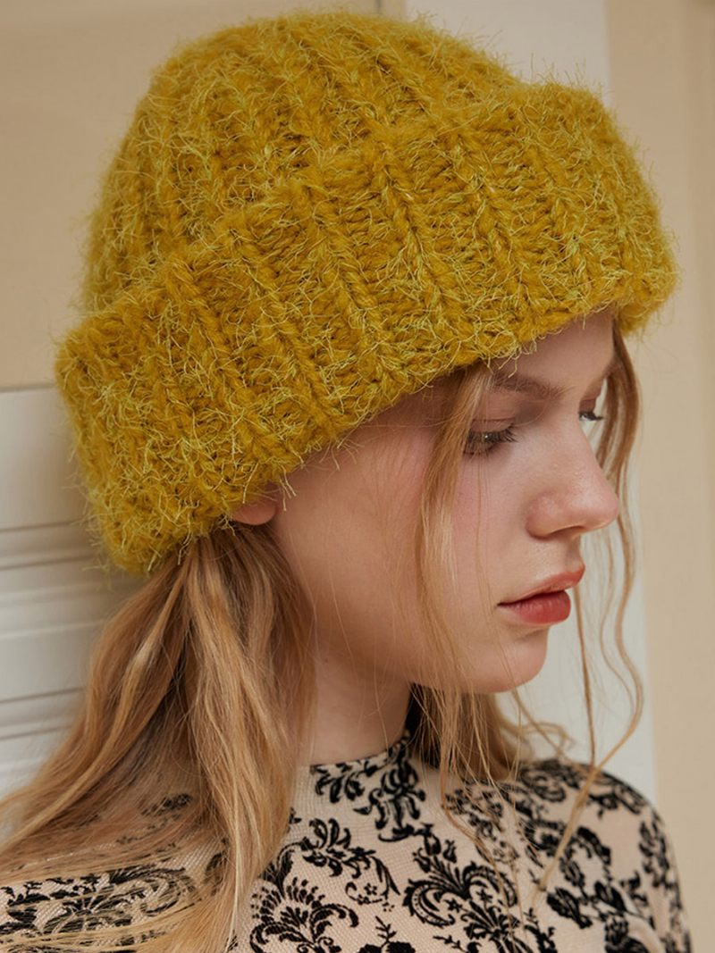Bonnet Laine Mélangée Chapeau Classique Couleur Unie Pour Femme - Jaune