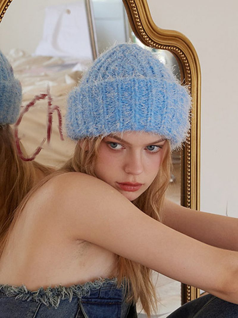 Bonnet Laine Mélangée Chapeau Classique Couleur Unie Pour Femme - Bleu Ciel Clair