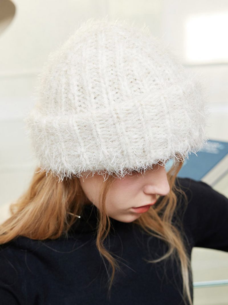 Bonnet Laine Mélangée Chapeau Classique Couleur Unie Pour Femme - Blanc