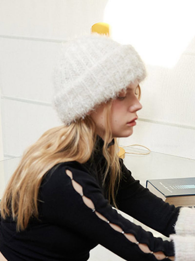 Bonnet Laine Mélangée Chapeau Classique Couleur Unie Pour Femme - Blanc