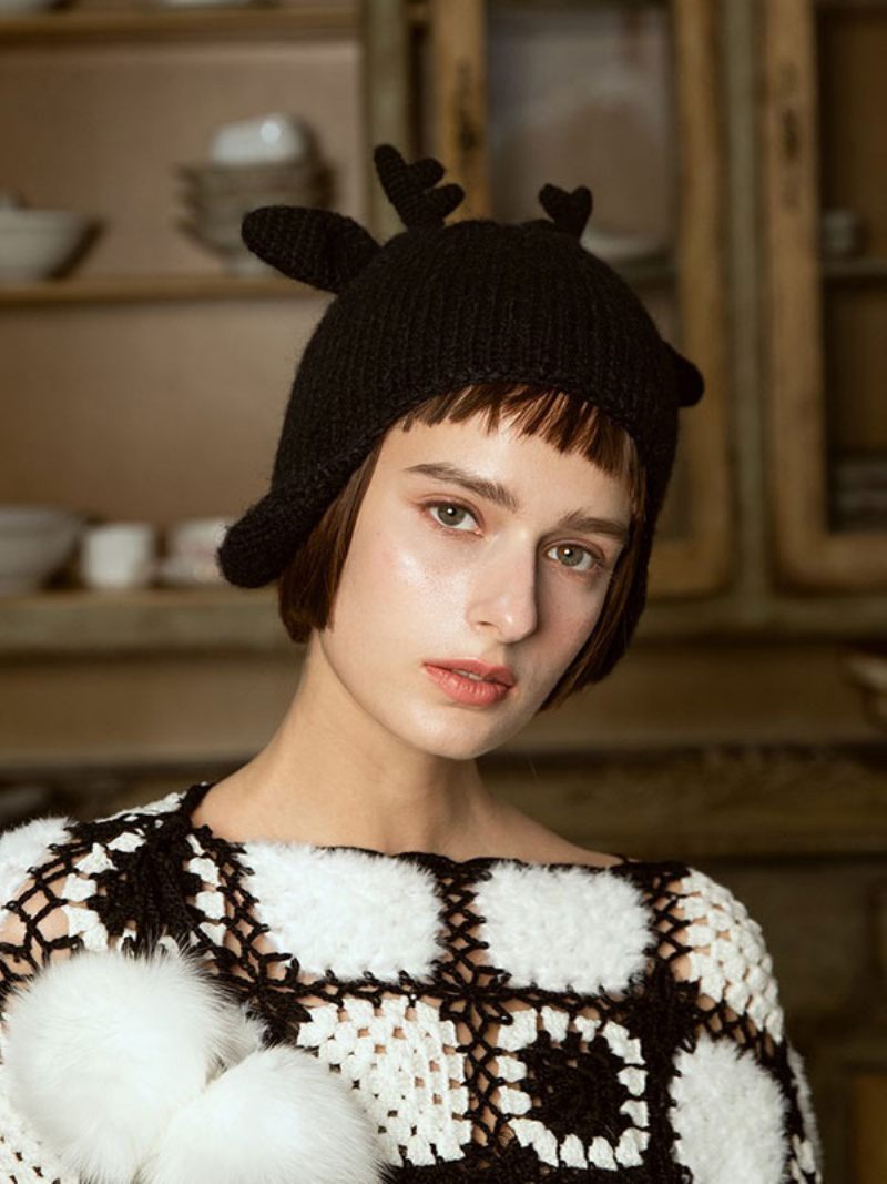 Chapeaux Pour Femmes Chic Tricoté Découpes Designer Hiver Chauds - Noir