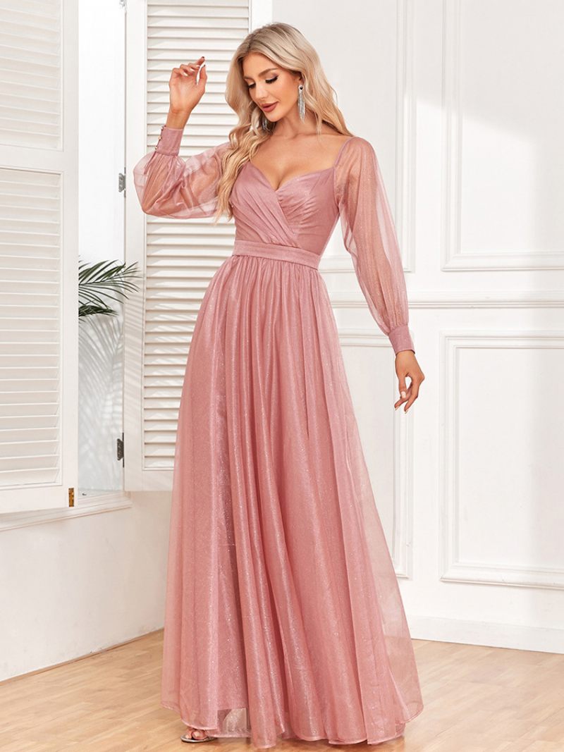 Robe Bal Élégante Pour Femmes Col Surplis Manches Illusion Robes Longues Roses - Rose
