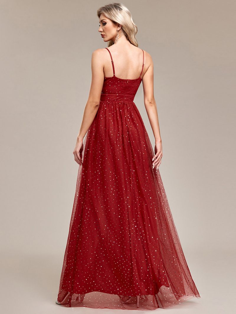 Robe Bordeaux À Col V Pour Femmes Paillettes Sans Manches Superposée Robes Longues Bal - Bourgogne