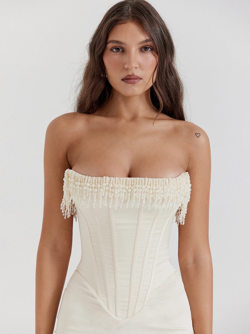 Robe Corset Plissée À Franges Pour Femmes Dos Lacets Robes Mi-longues Bal Promo Fête D'anniversaire - Blanc