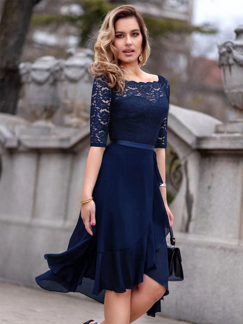 Robe Courte Péplum Bleu Foncé Pour Femmes Corsage Dentelle Col Bateau Taille Avec Ruban Robes Jour - Bleu Profond