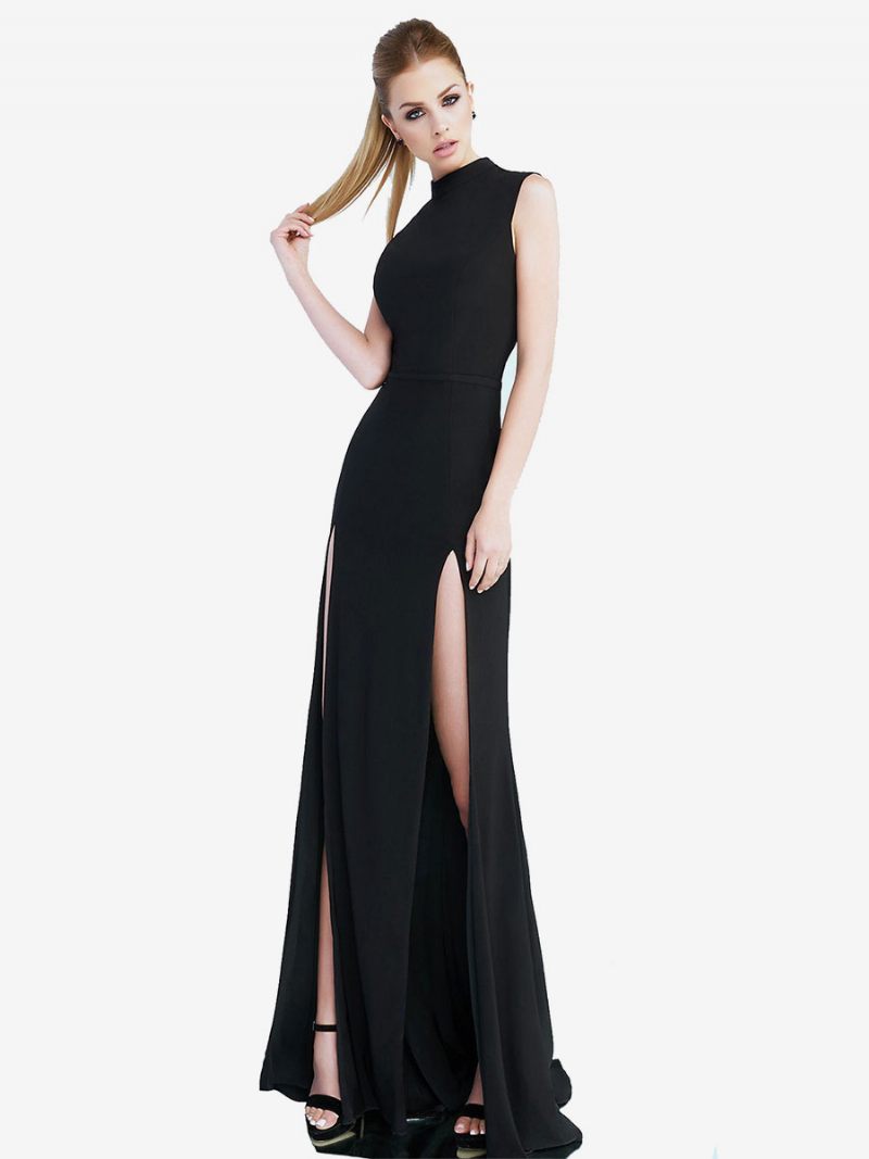 Robe Longue Bal Rouge Pour Femmes Col Bijou Sans Manches Fente Haute Semi-formelle - Noir