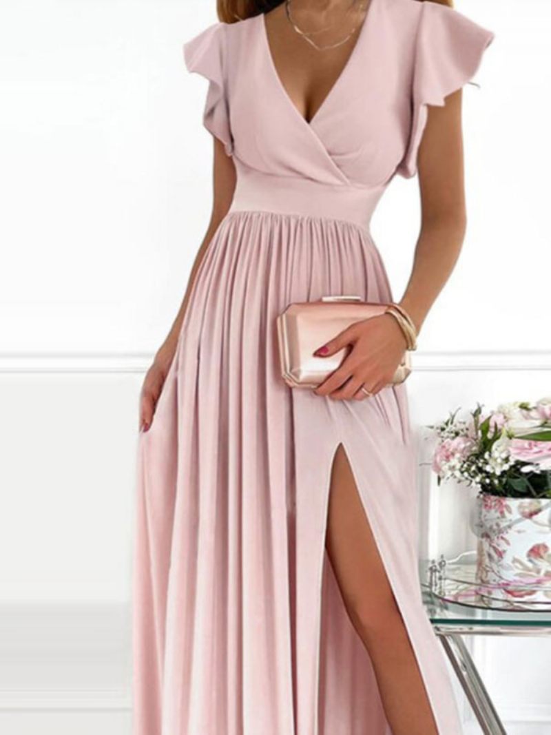 Robe Longue Bleu Marine Foncé Pour Femmes Manches Flottantes Col V Surplis Débardeur Robes Bal - Rose