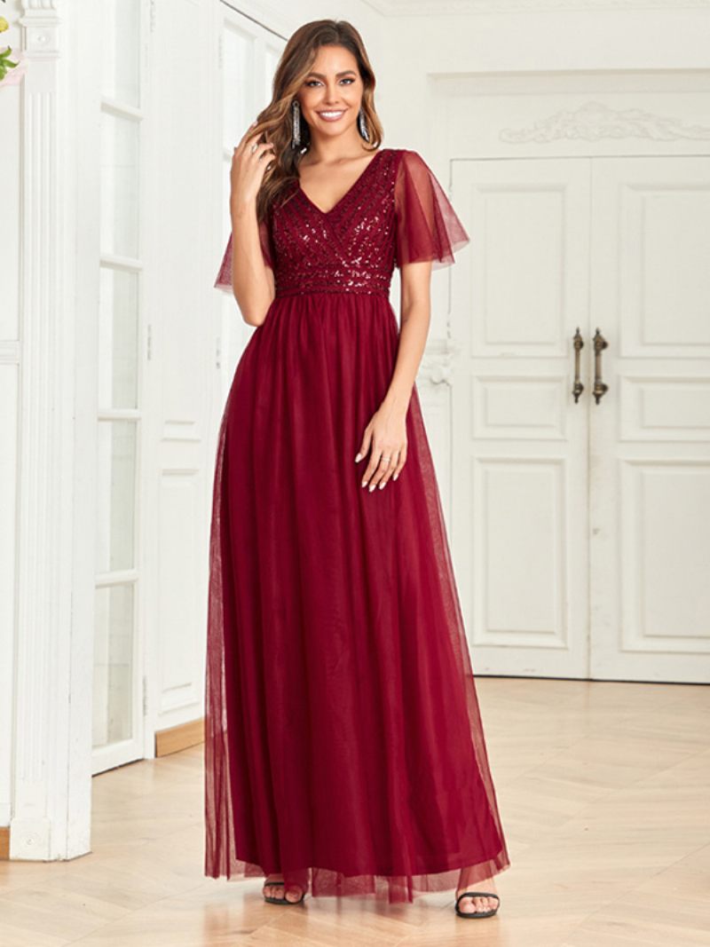 Robe Longue À Col V Pour Femme Corsage Paillettes Manches Papillon Robes Bal