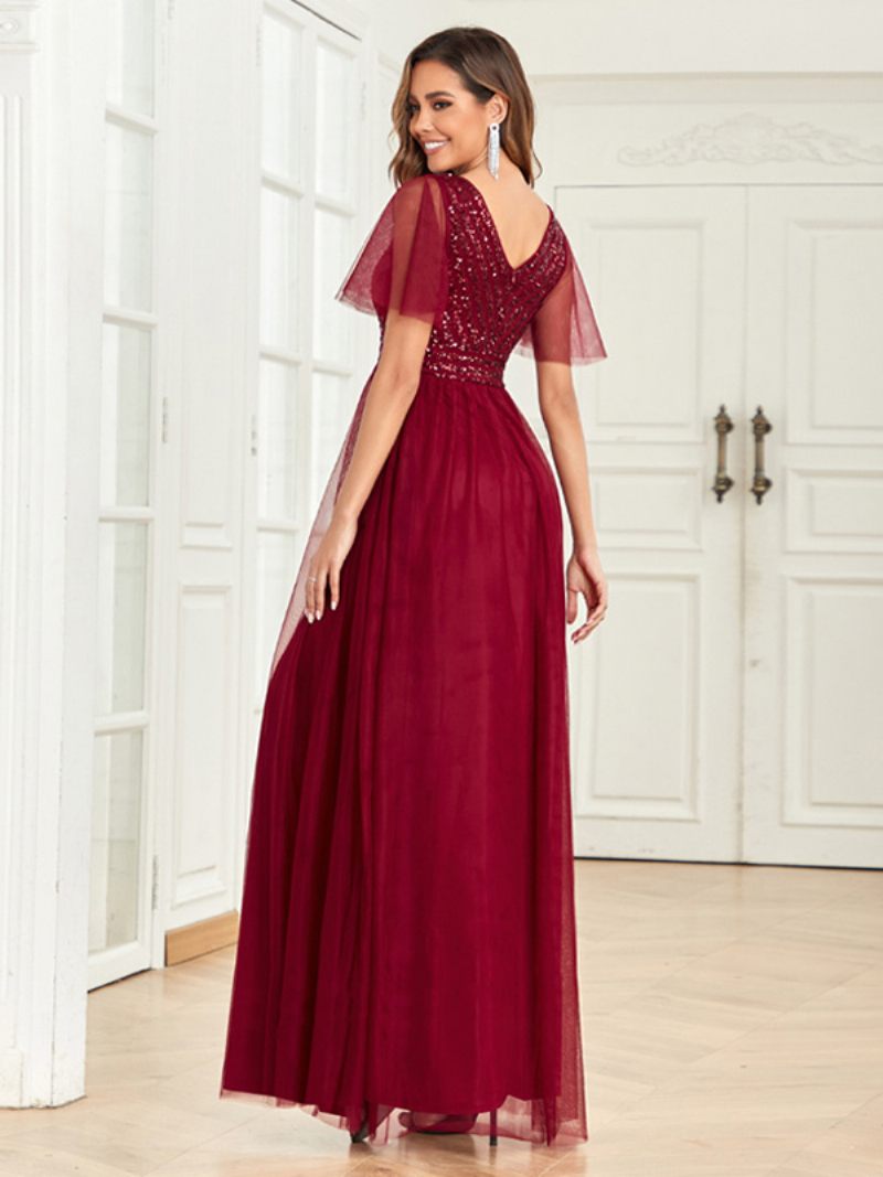 Robe Longue À Col V Pour Femme Corsage Paillettes Manches Papillon Robes Bal - Bourgogne