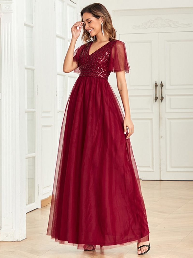 Robe Longue À Col V Pour Femme Corsage Paillettes Manches Papillon Robes Bal - Bourgogne