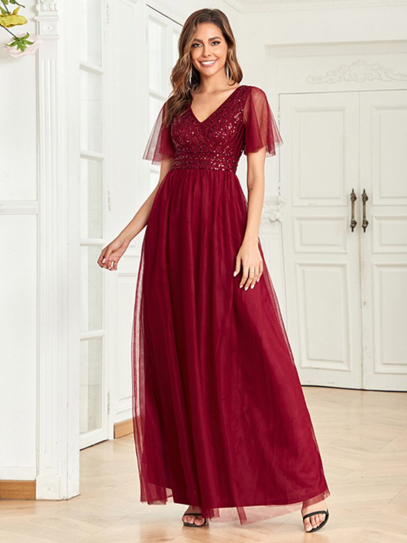 Robe Longue À Col V Pour Femme Corsage Paillettes Manches Papillon Robes Bal - Bourgogne