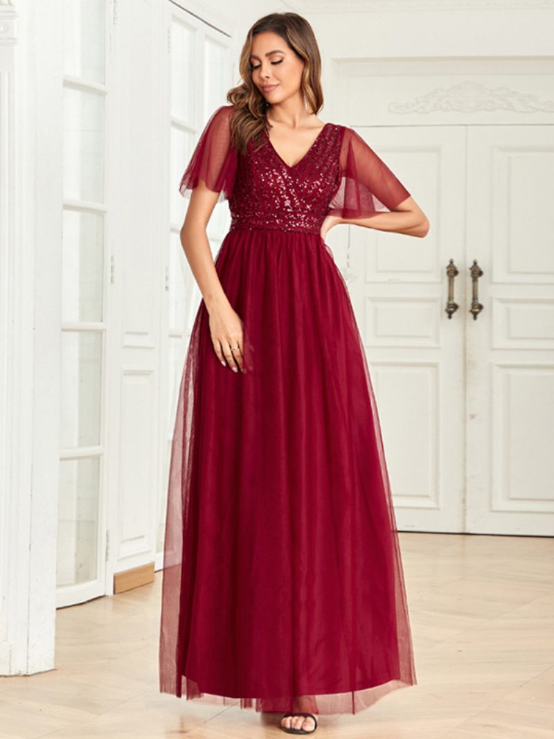 Robe Longue À Col V Pour Femme Corsage Paillettes Manches Papillon Robes Bal - Bourgogne