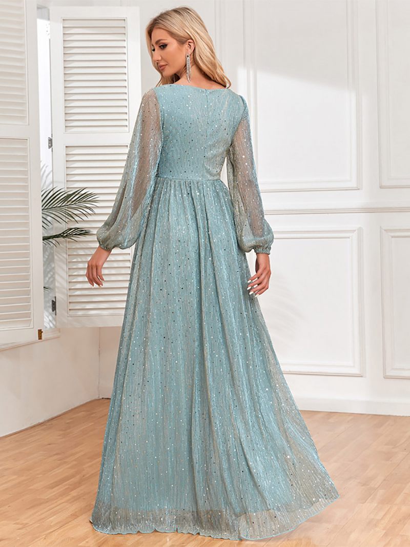 Robe Longue À Paillettes Pour Femme Col V Plissé Manches Illusion Bal - Vert Clair