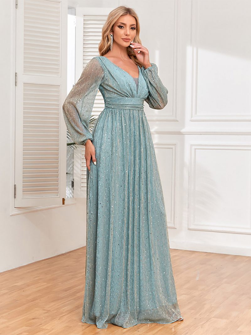 Robe Longue À Paillettes Pour Femme Col V Plissé Manches Illusion Bal - Vert Clair