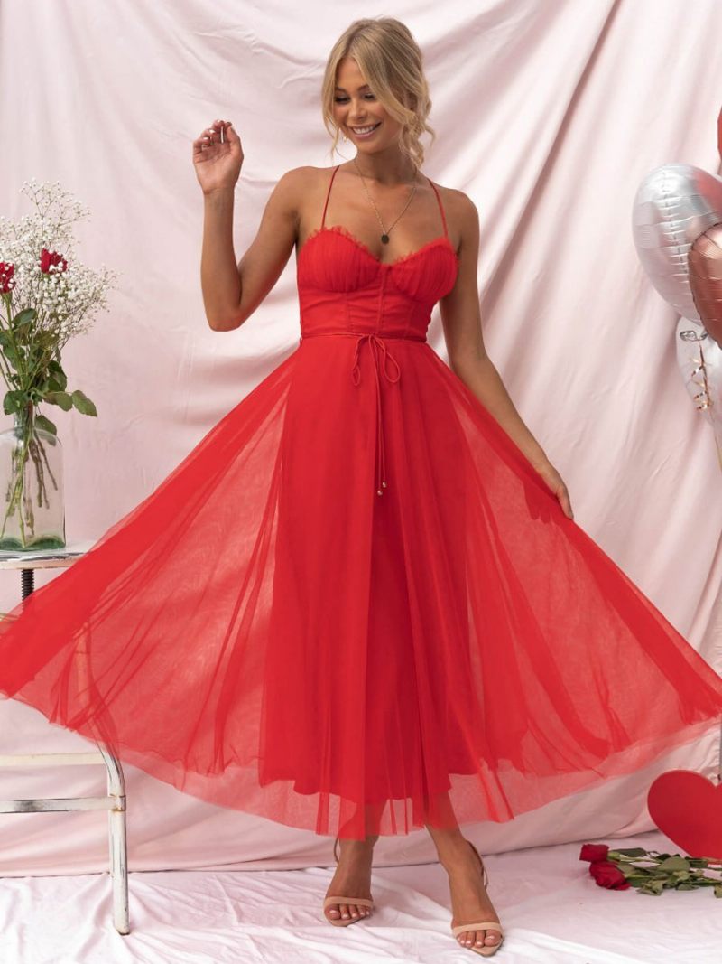Robe Mi-longue Corest Pour Femmes Bretelles Spaghetti Froncées Jupe Tulle À Lacets - Rouge
