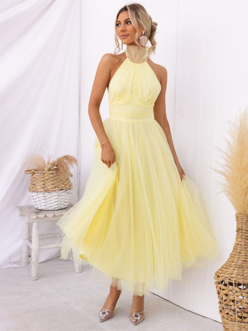 Robe Mi-longue Tulle Pour Femme Col Licou Plissé Taille Empire Dos Ouvert Robes Bal Élégantes - Jaune
