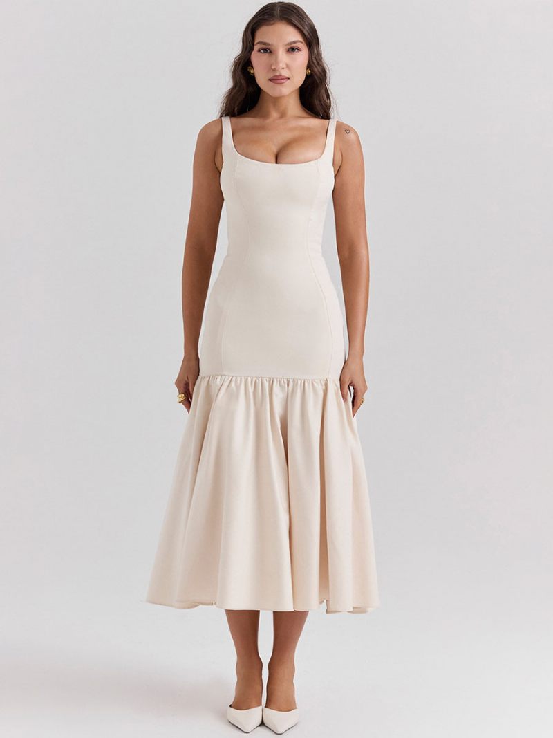 Robe Moulante Pour Femmes Col Carré Dos Nu Volants Robes Longues Soirée Bal - Blanc