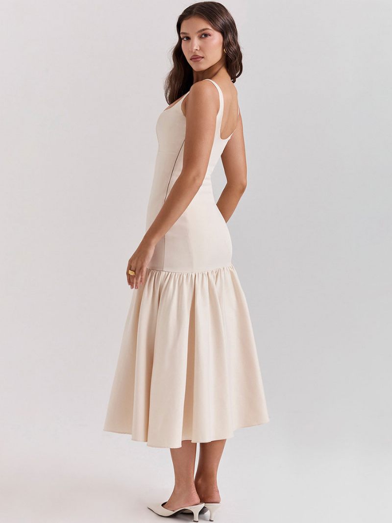 Robe Moulante Pour Femmes Col Carré Dos Nu Volants Robes Longues Soirée Bal - Blanc
