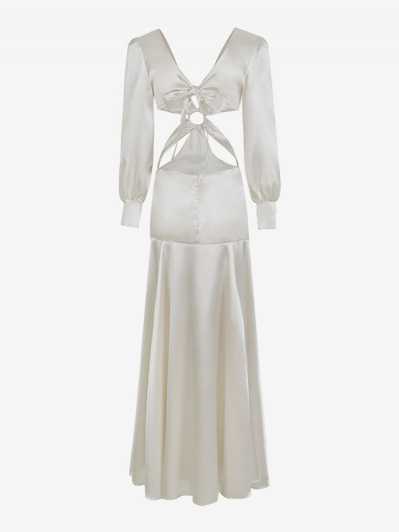 Robe Soirée Pour Femmes Col V Manches Longues Découpes Dos Nu Lacets Robes - Blanc