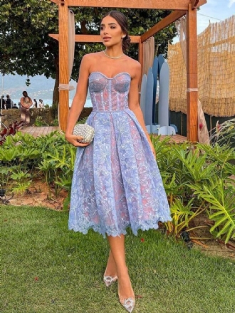 Robe Soirée Lavande Pour Femmes Sans Bretelles Dentelle Manches Épaules Ouvertes Mi-longue