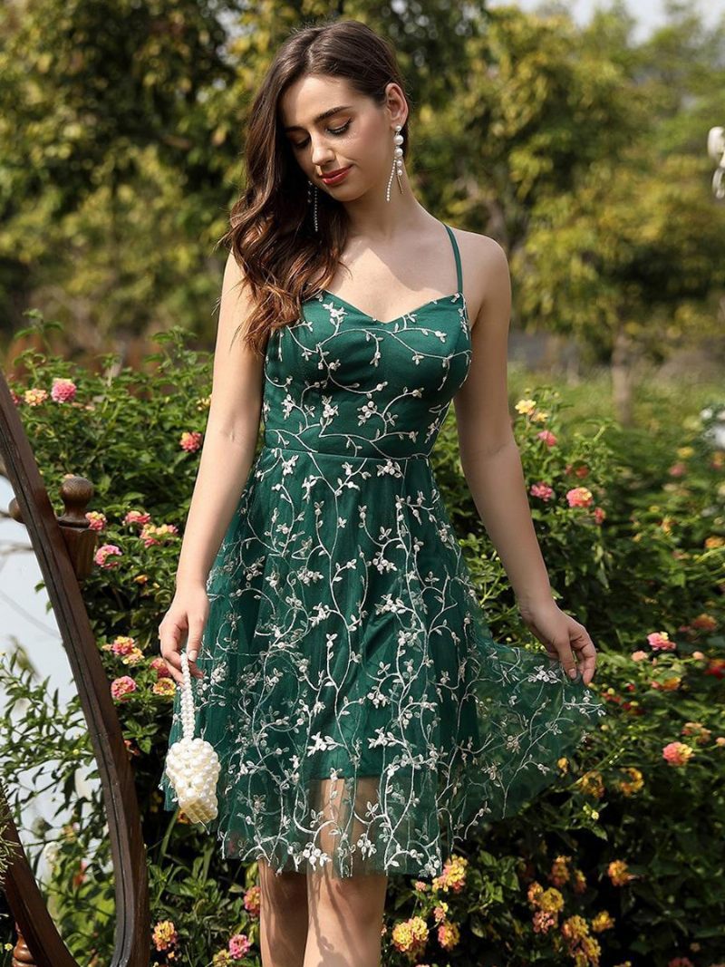 Robe Soleil Brodée Pour Femmes Encolure Cœur Bretelles Spaghetti Mini Robes - Vert