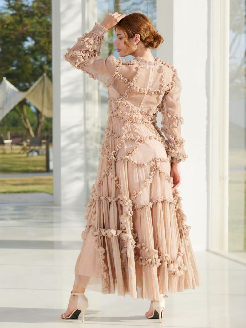 Robe À Volants Pour Femmes Illusion Manches Longues Col Haut Robes Soirée Maxi Tulle - Rose