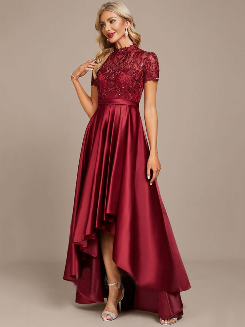Robes Bordeaux Pour Femmes Col Haut Dentelle Manches Courtes Robe Longue Bal Haute Et Basse - Bourgogne