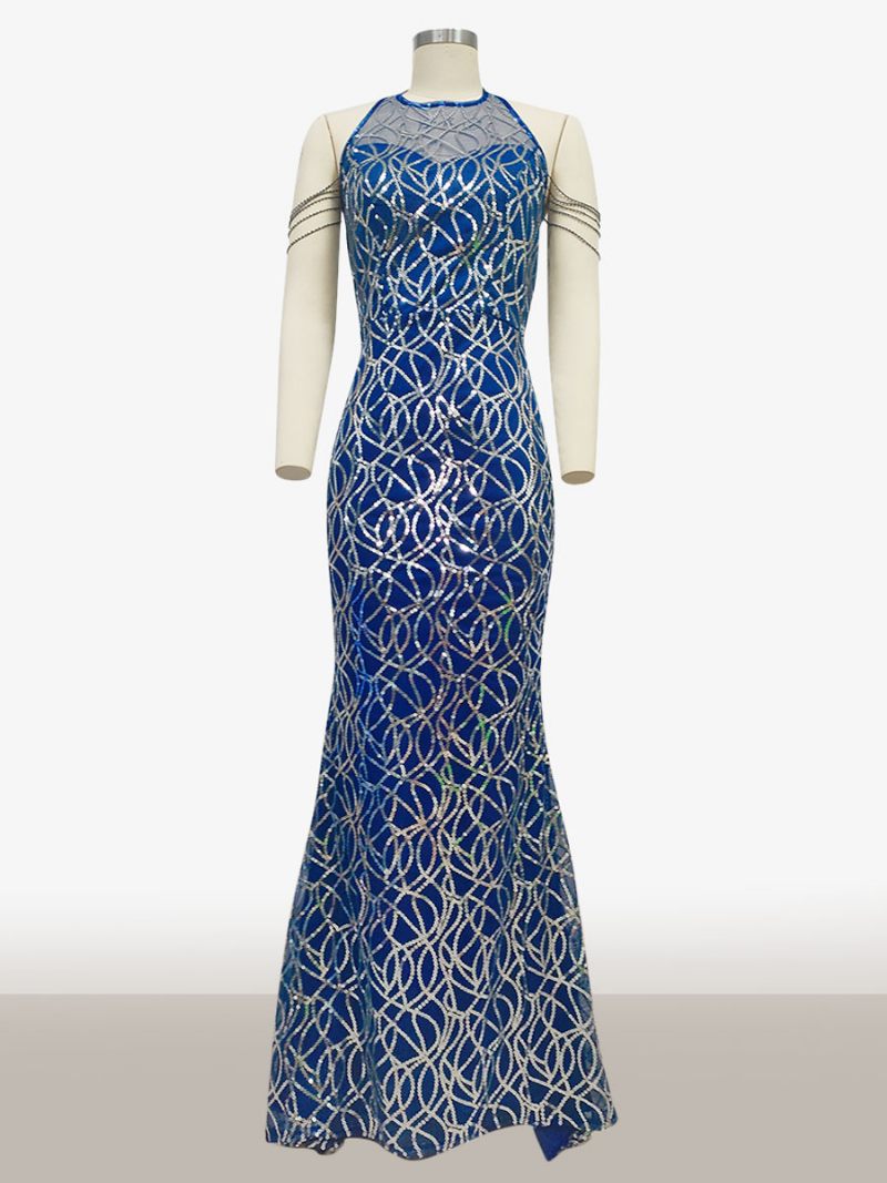 Robes Fête D'anniversaire Pour Femmes Paillettes Bleues Sans Manches Dos Nu Col Licou Robe Bal Sexy - Bleu