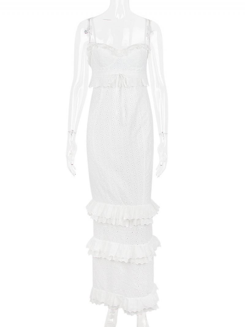 Robes Soirée Pour Femmes Bretelles Blanches Col À Volants Sans Manches Robe Semi-formelle Superposée - Blanc