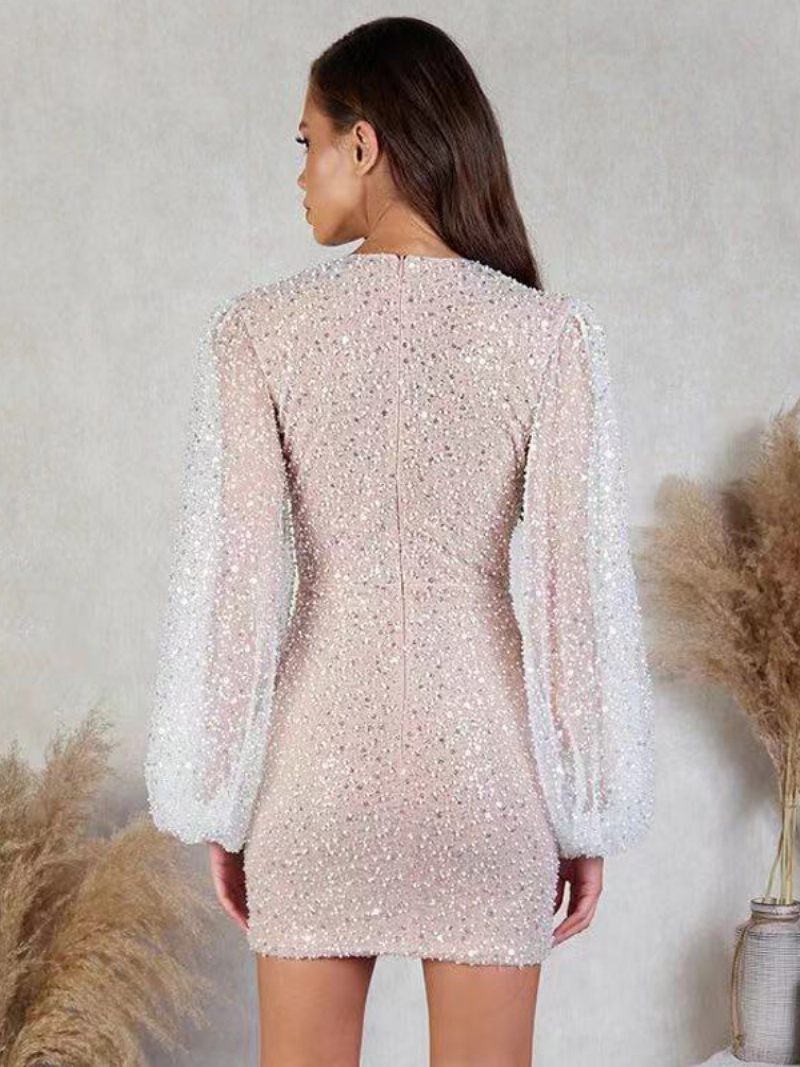 Robes Soirée Pour Femmes Col V Blanc Paillettes Manches Longues Robe Semi-formelle - Blanc