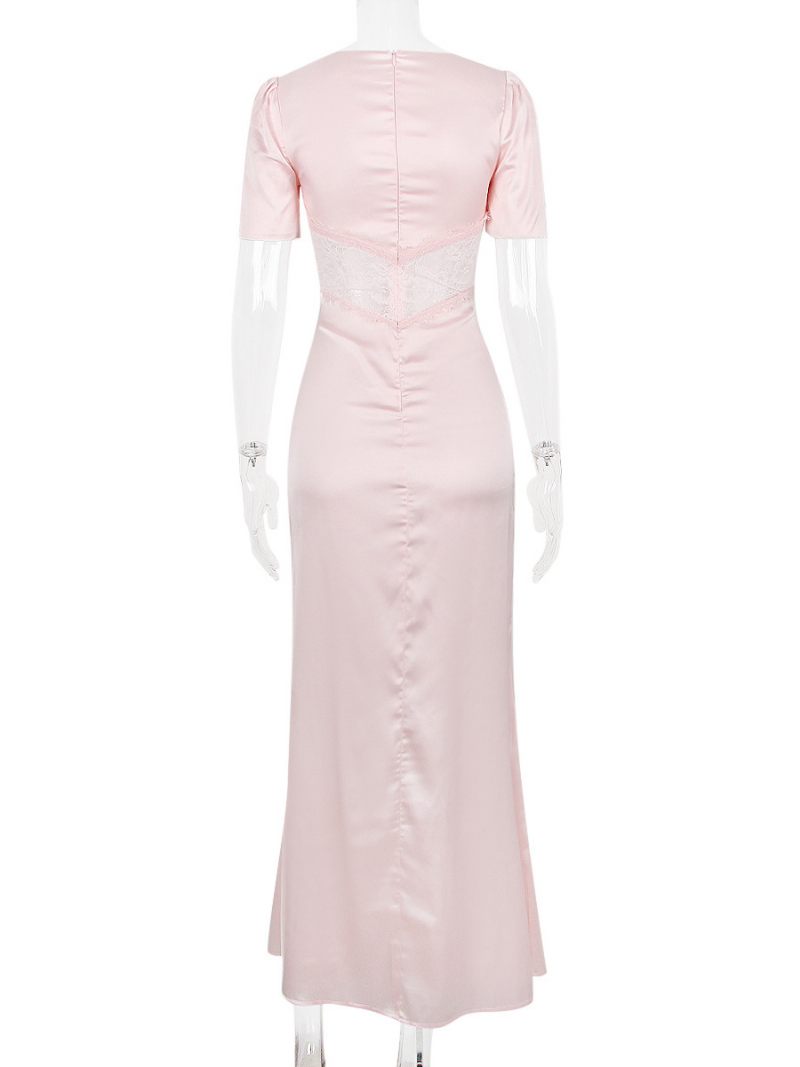 Robes Soirée Pour Femmes Rose Col V Plissé Manches Courtes Robe Semi-formelle Transparente - Rose