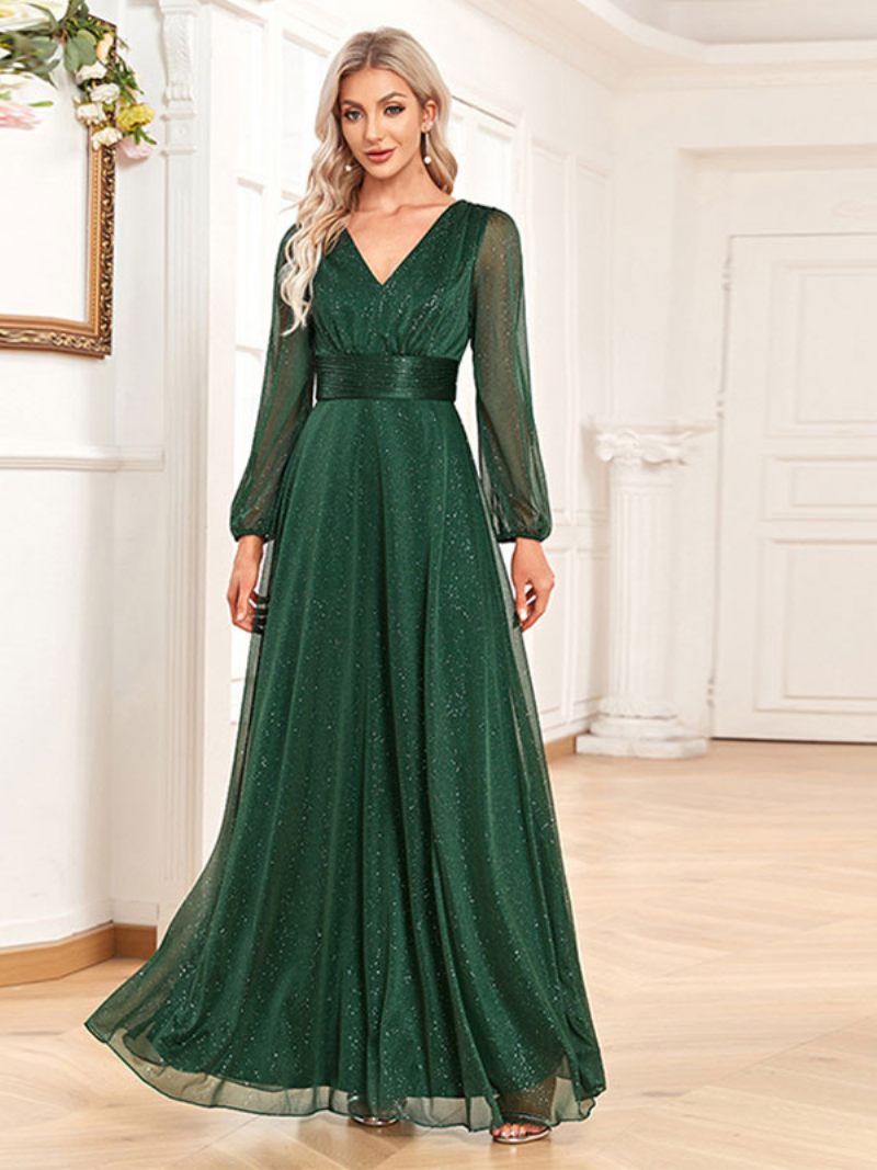 Robes Soirée Pour Femmes Vert Foncé Col V Manches Longues Robe Longue Bal Transparente