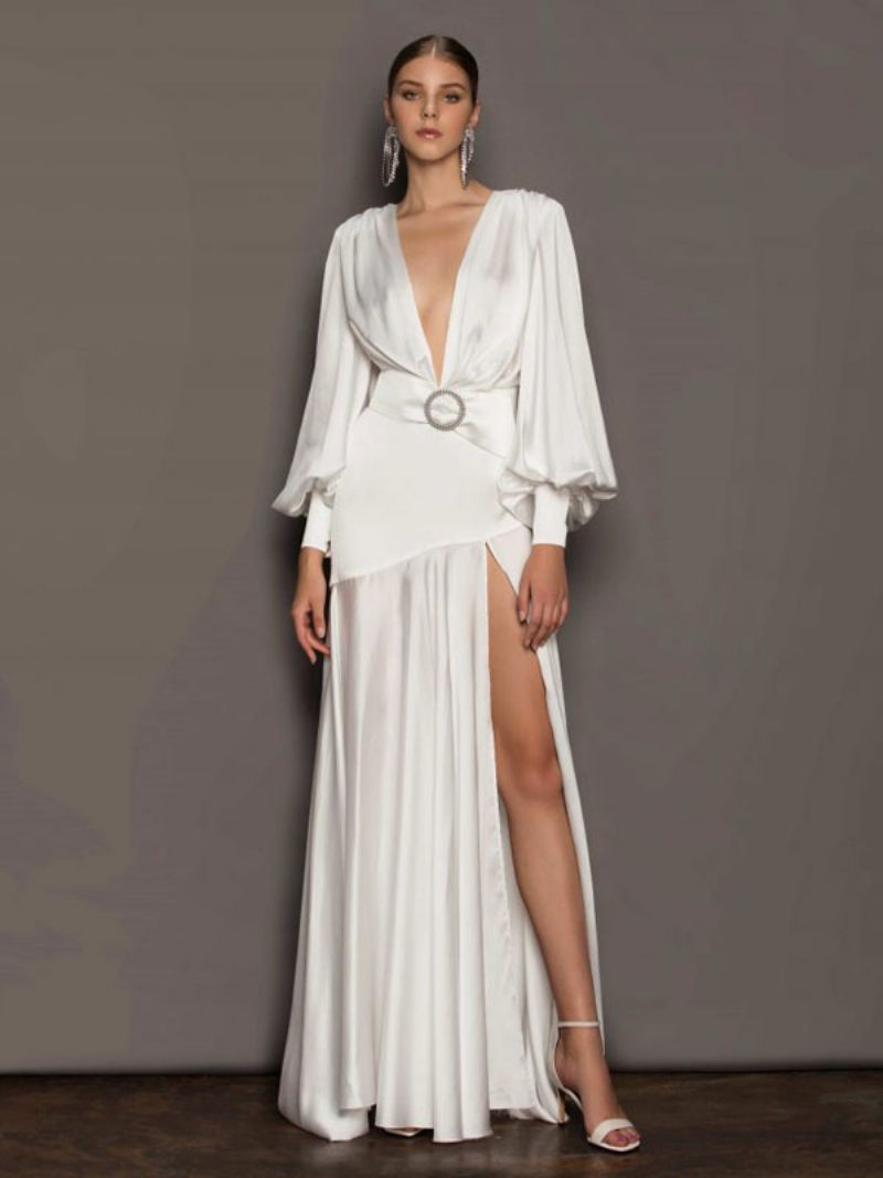 Robes Soirée Maxi Pour Femmes Col V Blanc Manches Longues Robe Bal À Fente Haute