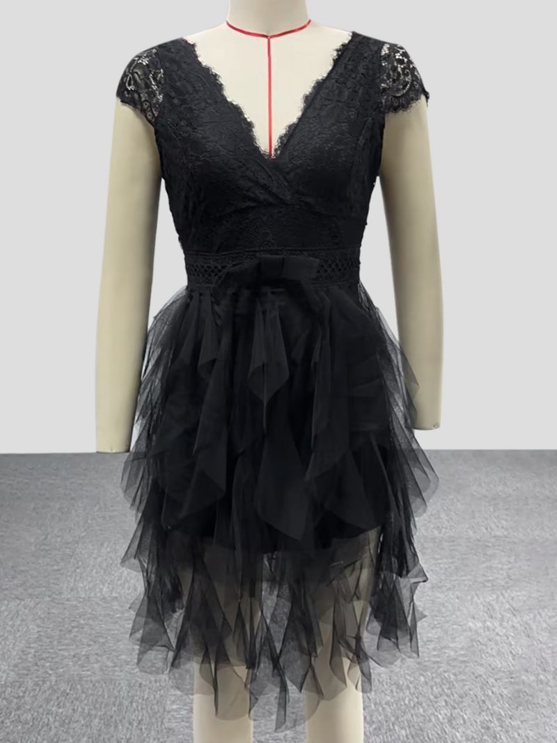 Mini Robe D'été Dentelle Festonnée Pour Femme Dos V Jupe Tulle Robes Fête D'anniversaire À Plusieurs Niveaux - Noir