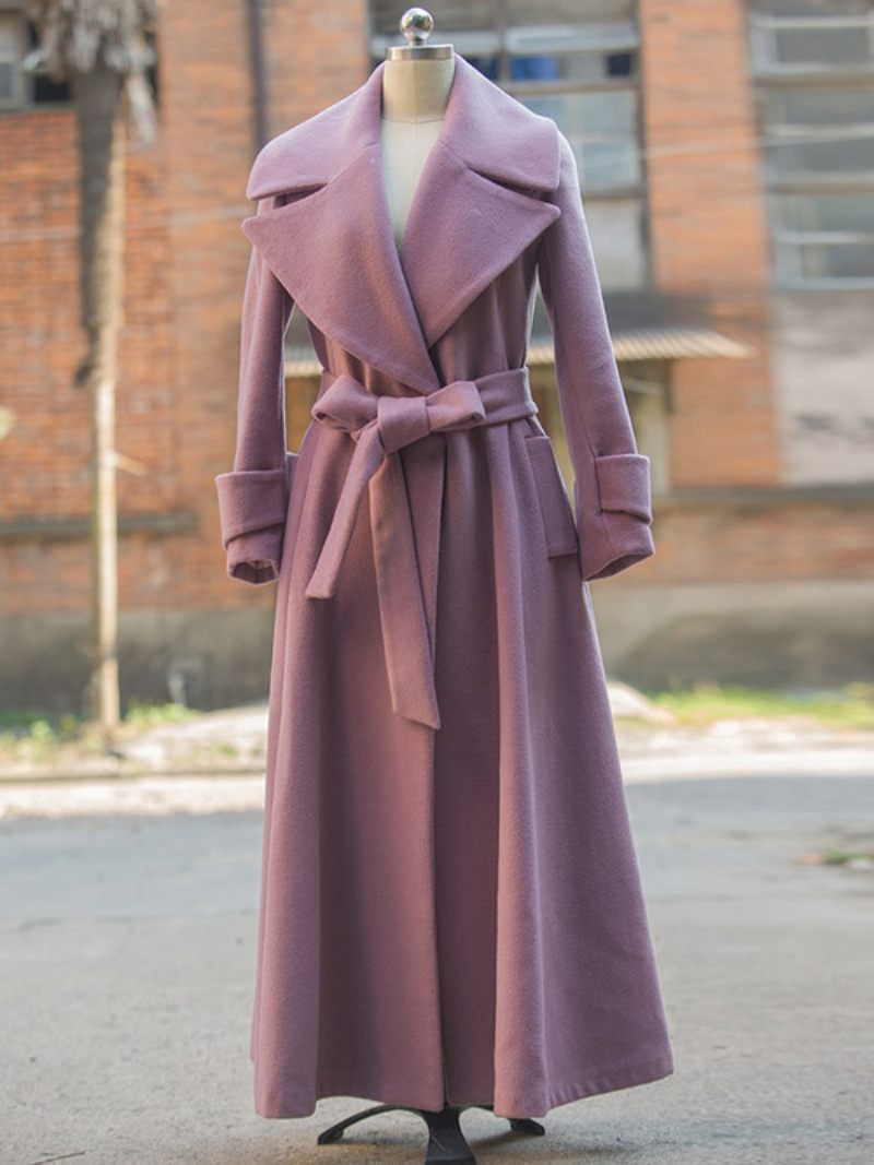 Manteau Laine Revers Cranté Ceinturé Vêtements D'extérieur Pour Femmes L'hiver - Camée Rose