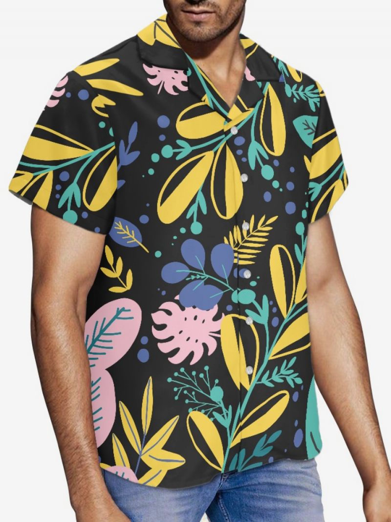 Chemise Hawaïenne À Manches Courtes Pour Hommes Haut Vacances Imprimé Plante - Noir