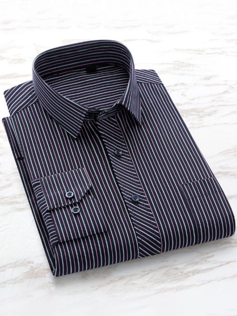 Chemises Habillées Rayées Pour Hommes Avec Poche Manches Longues Gris - Violet