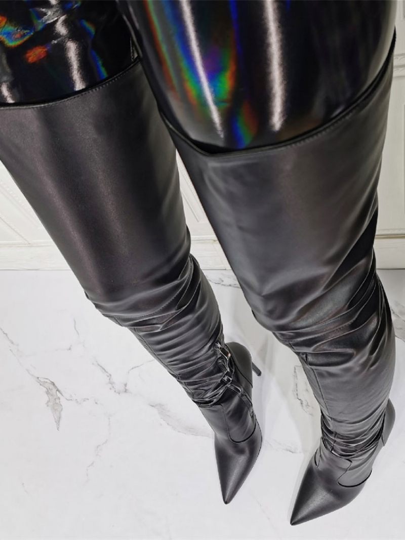Bottes Au Dessus Du Genou Pour Femmes Grande Taille Talon Aiguille Cuir Pu Cuissardes Noires - Noir