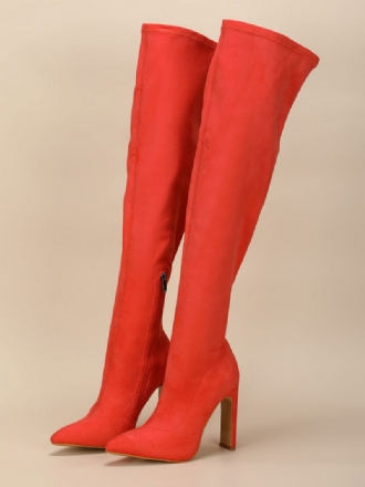 Bottes Au Dessus Du Genou Pour Femmes Talon Épais Bout Pointu Tige Micro Daim Cuissardes Hautes Orange Rouge