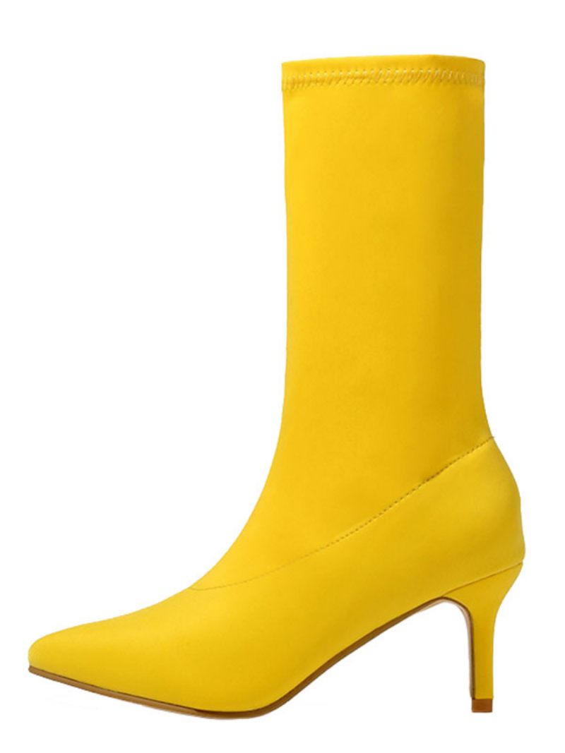 Bottes Chaussettes Pour Femmes Extensibles Mi-mollet Bout Pointu À Talon Chaton 2.4 Pouces - Jaune