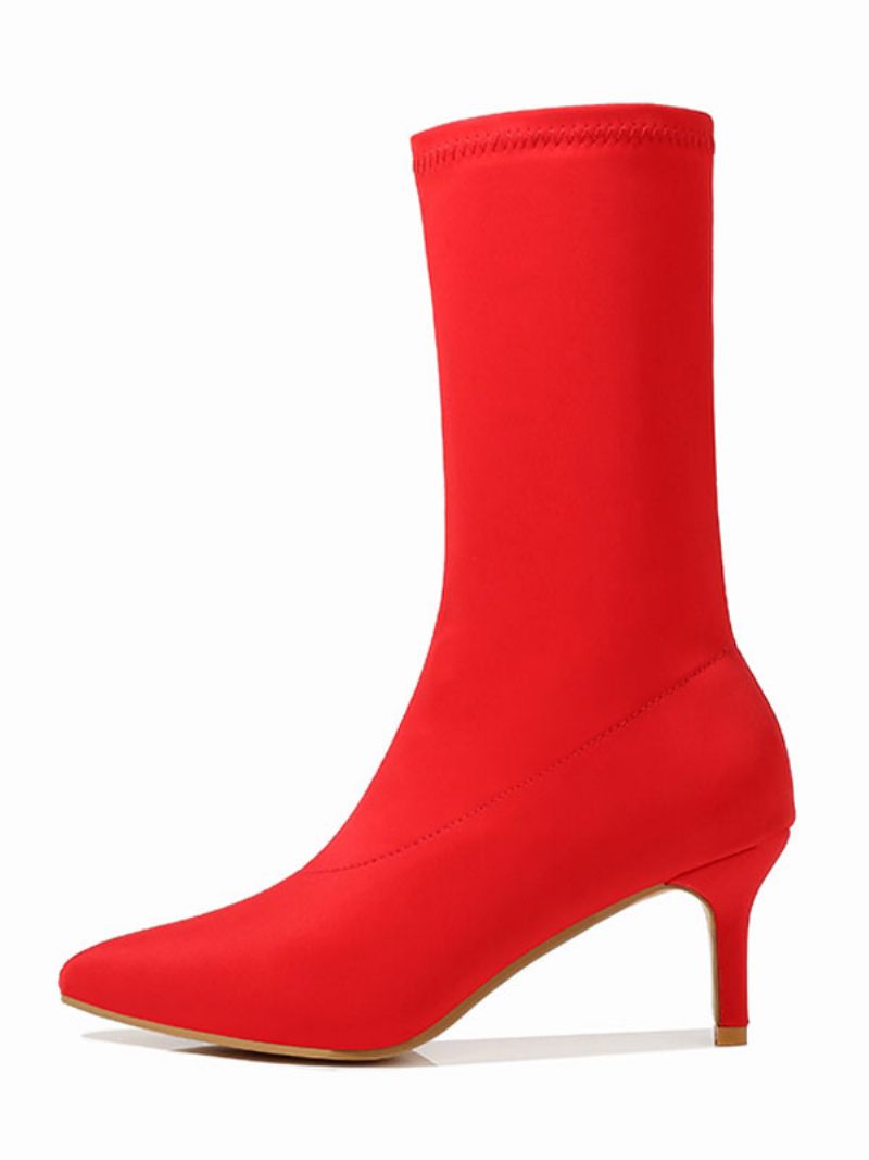 Bottes Chaussettes Pour Femmes Extensibles Mi-mollet Bout Pointu À Talon Chaton 2.4 Pouces - Rouge