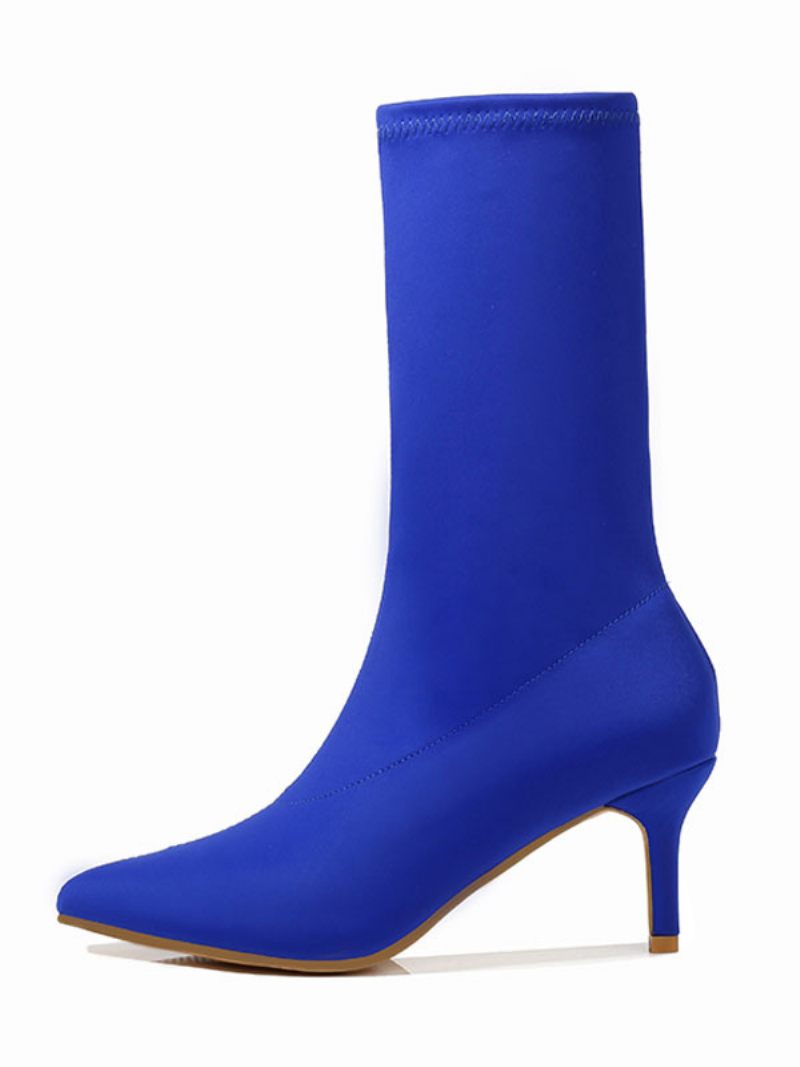 Bottes Chaussettes Pour Femmes Extensibles Mi-mollet Bout Pointu À Talon Chaton 2.4 Pouces - Bleu
