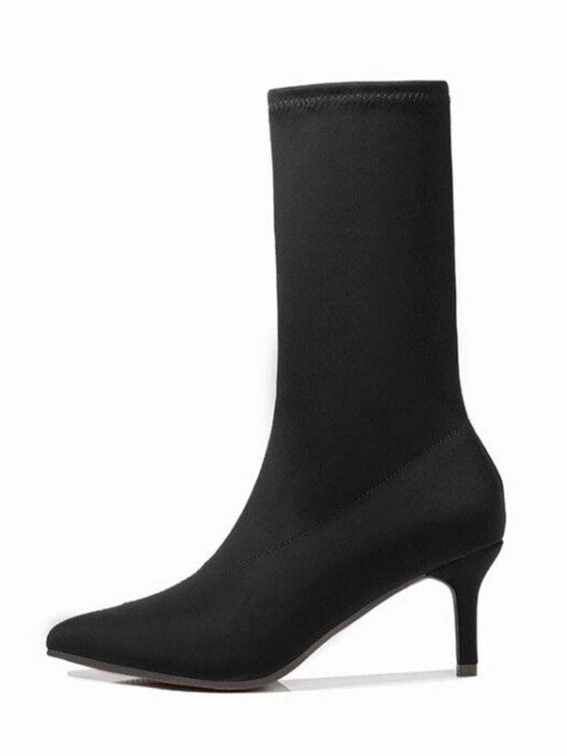 Bottes Chaussettes Pour Femmes Extensibles Mi-mollet Bout Pointu À Talon Chaton 2.4 Pouces - Noir