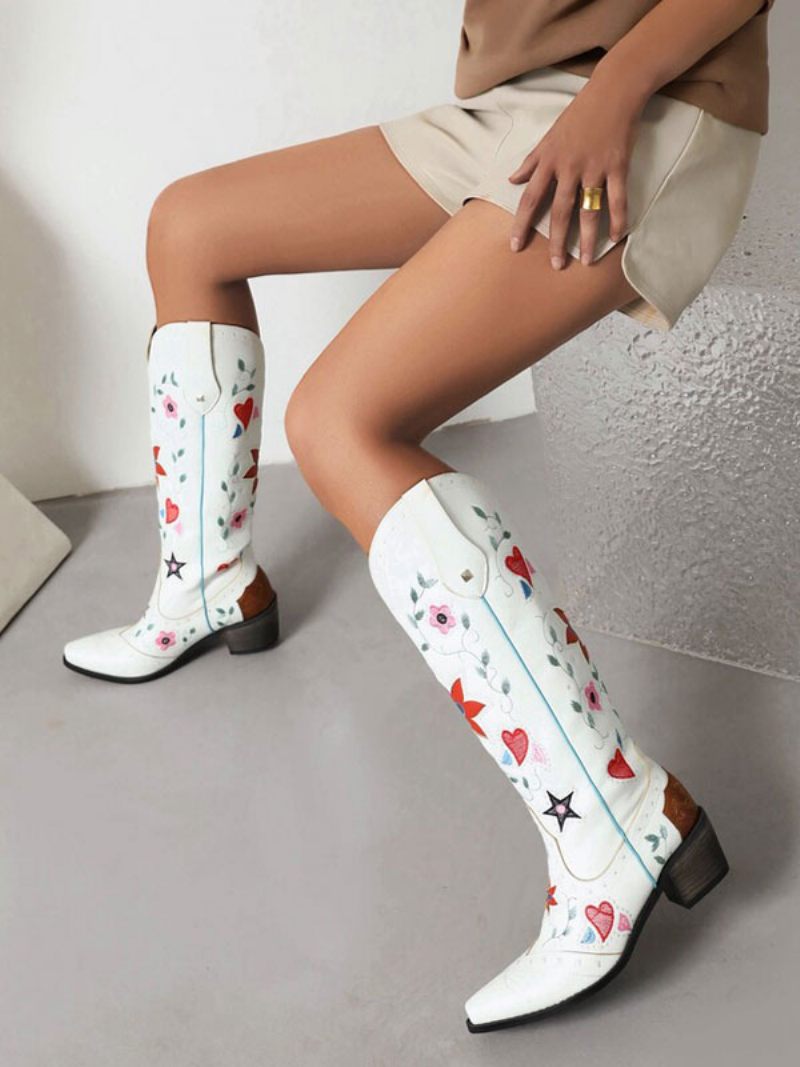 Bottes Cuir Pu Pour Femmes Bout Pointu Talon Épais Mi-mollet Chaussures Mariage Cowgirl